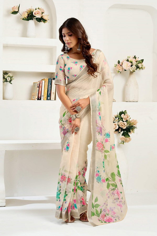 Meera 321 Party Wear Printed Linen Fabric Ready to Wear Saree with Un Stitched Blouse