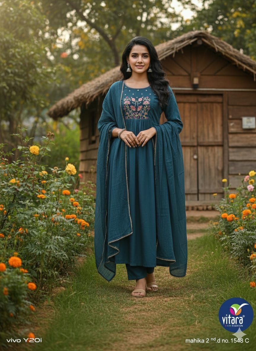 Vitara Mahika Vol 2 Mul Chanderi With Embroidery Kurti Pant And Dupatta