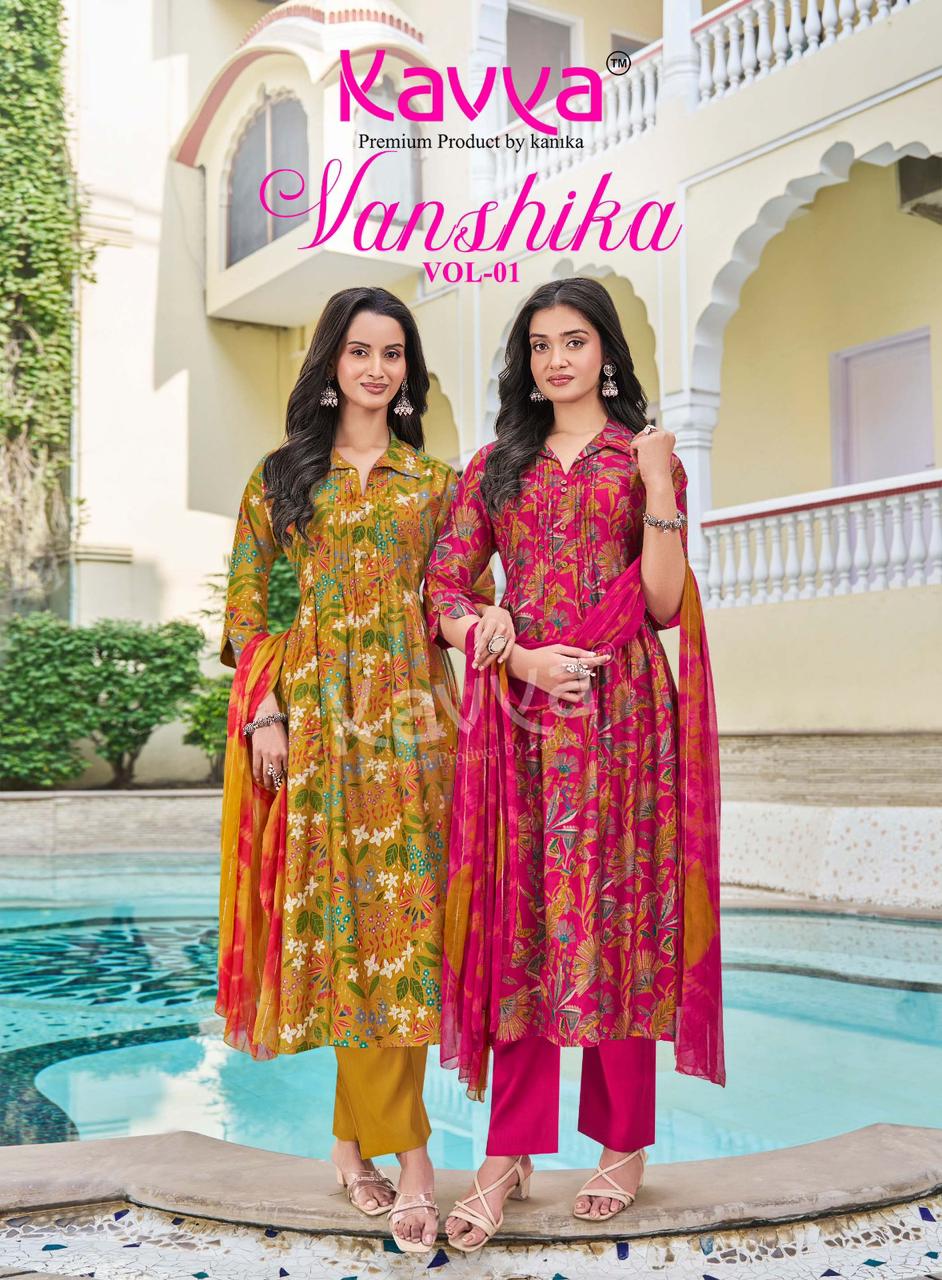 Kavya Vanshika Vol 1 Korean Flair Cut Top Bottom With Dupatta Collection 
