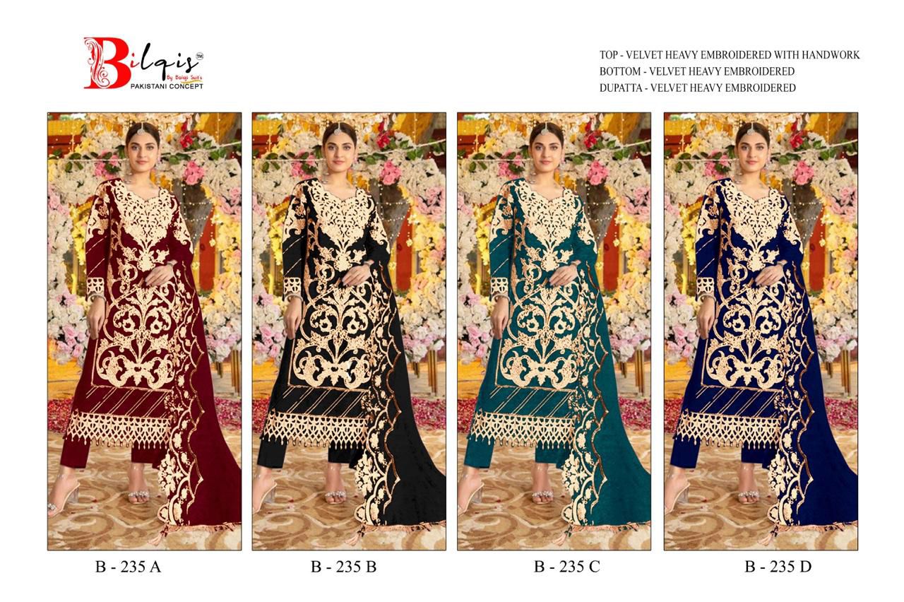 Bilqis B 235 A To D Velvet With Embroidery Pakistani Salwar Kameez