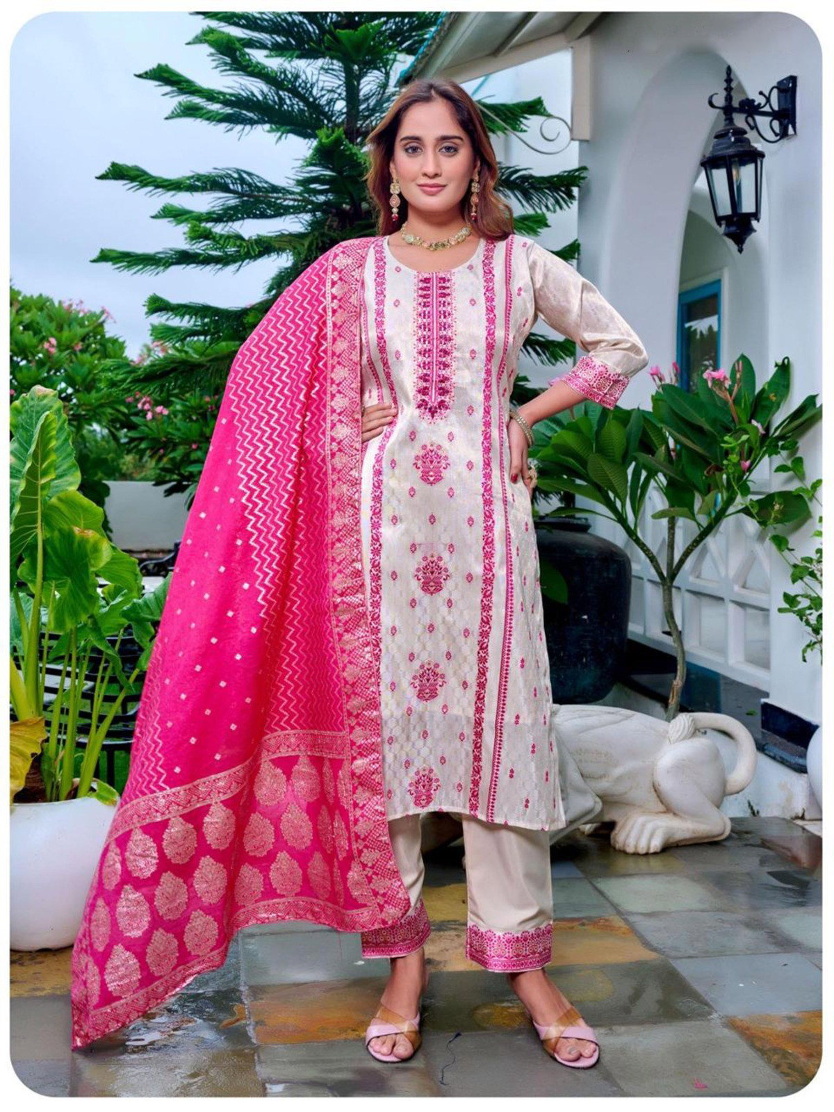 Naisha K 523 jacquard With Work Kurti Pant And Dupatta