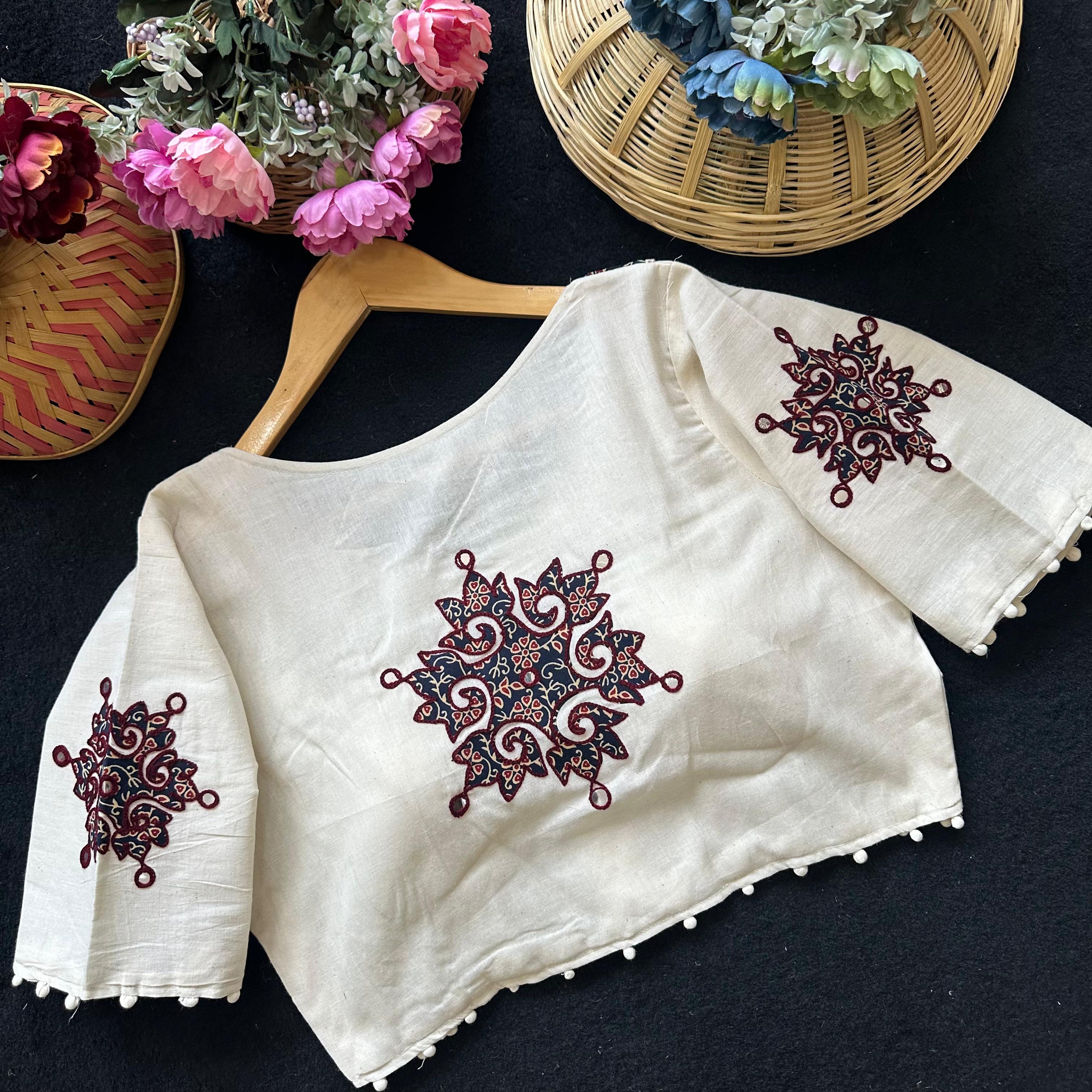 Fab Ajrakh Aplic 1 Pure Camric Cotton Diable Apllic Blouse Collection 
