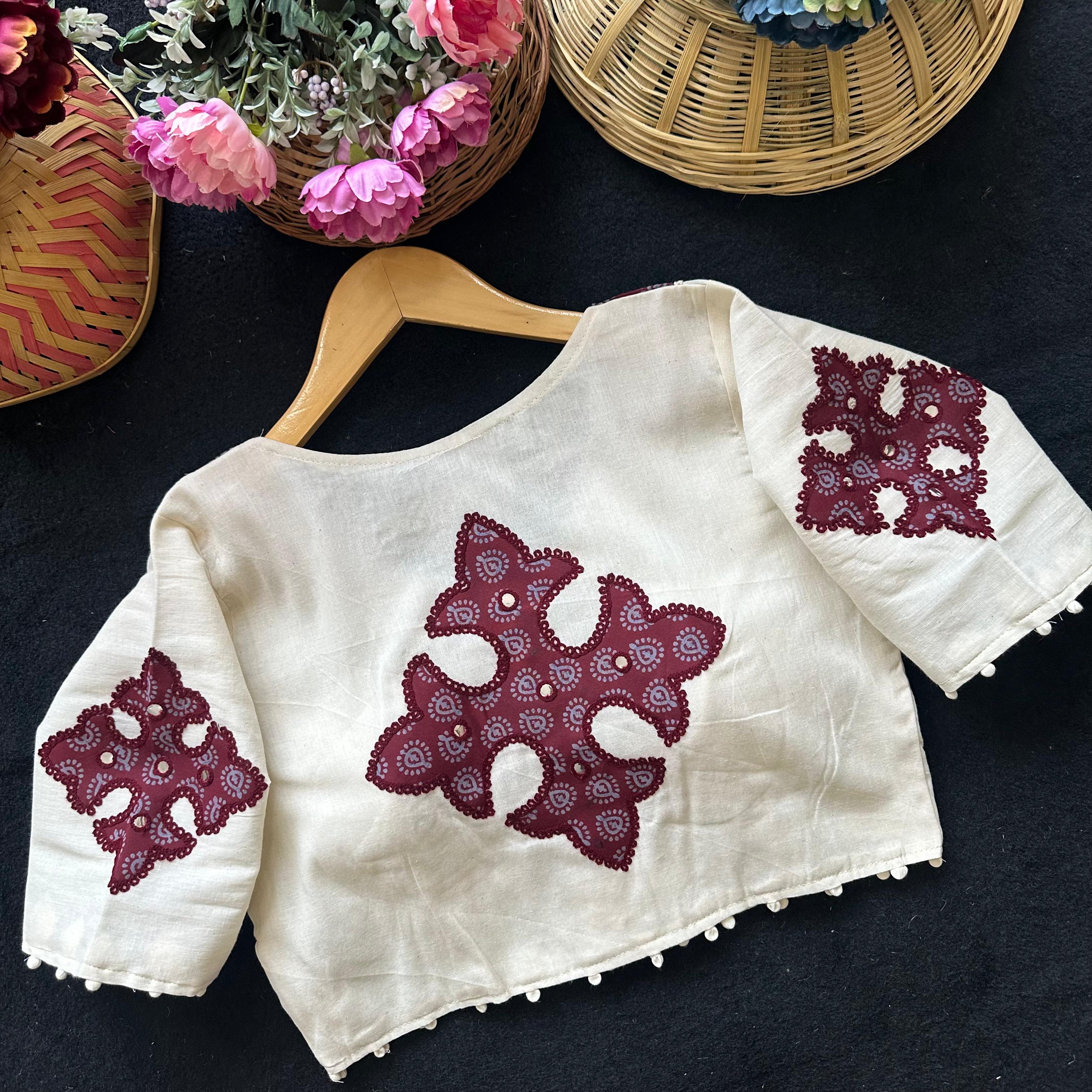 Fab Ajrakh Aplic 1 Pure Camric Cotton Diable Apllic Blouse Collection 