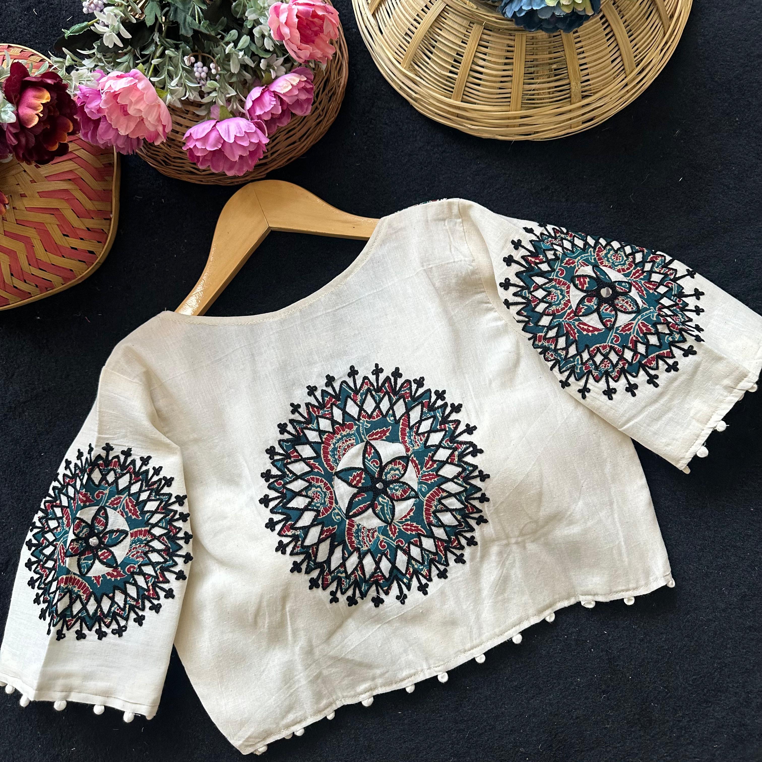 Fab Ajrakh Aplic 1 Pure Camric Cotton Diable Apllic Blouse Collection 