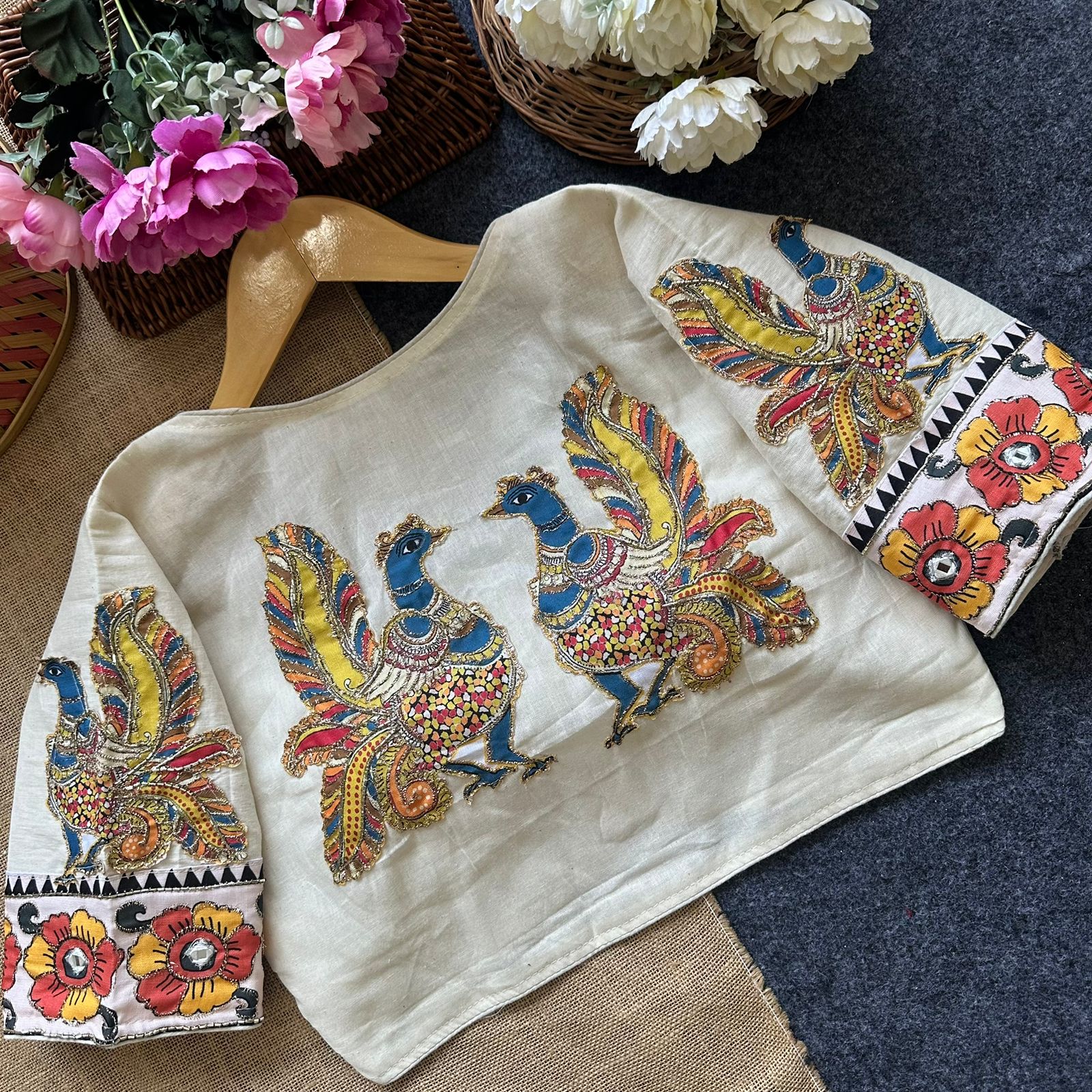 Fab Figure Aplic Pure Camric Cotton Diable Hand work with peach Blouse Collection