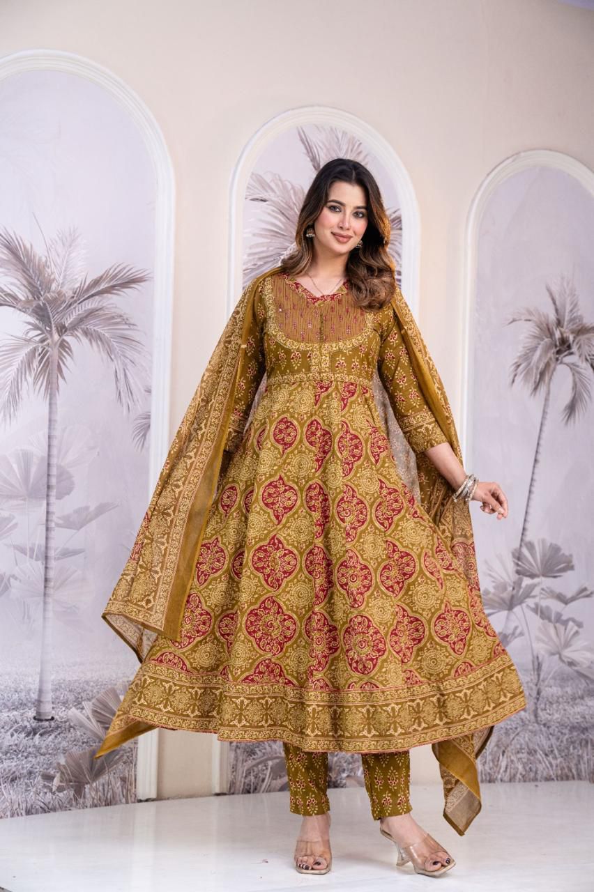 Naisha K 521 Cotton Ajrak Print Anarkali Pant And Dupatta Collection