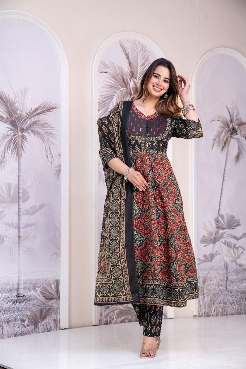 Naisha K 521 Cotton Ajrak Print Anarkali Pant And Dupatta Collection