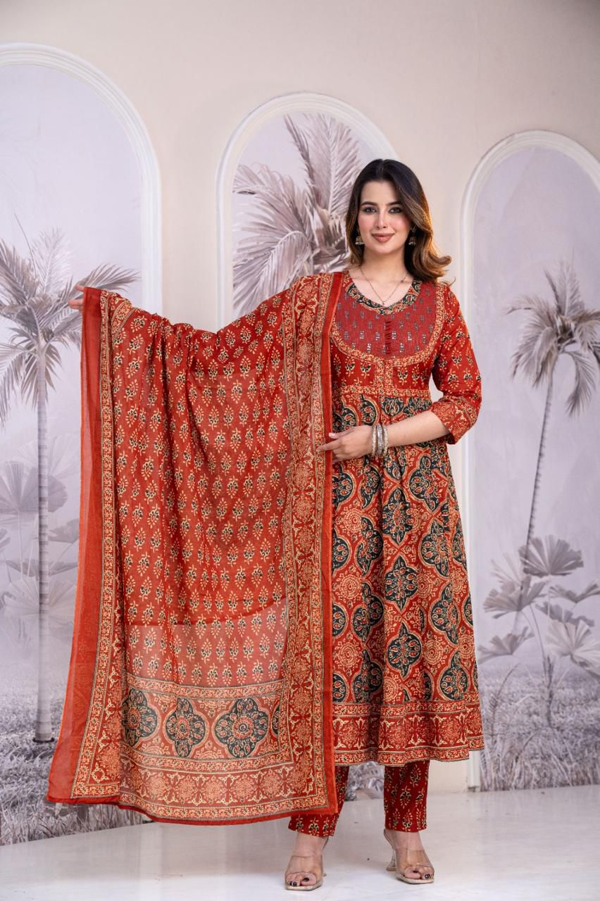 Naisha K 521 Cotton Ajrak Print Anarkali Pant And Dupatta Collection