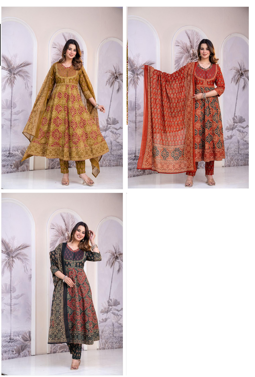 Naisha K 521 Cotton Ajrak Print Anarkali Pant And Dupatta Collection