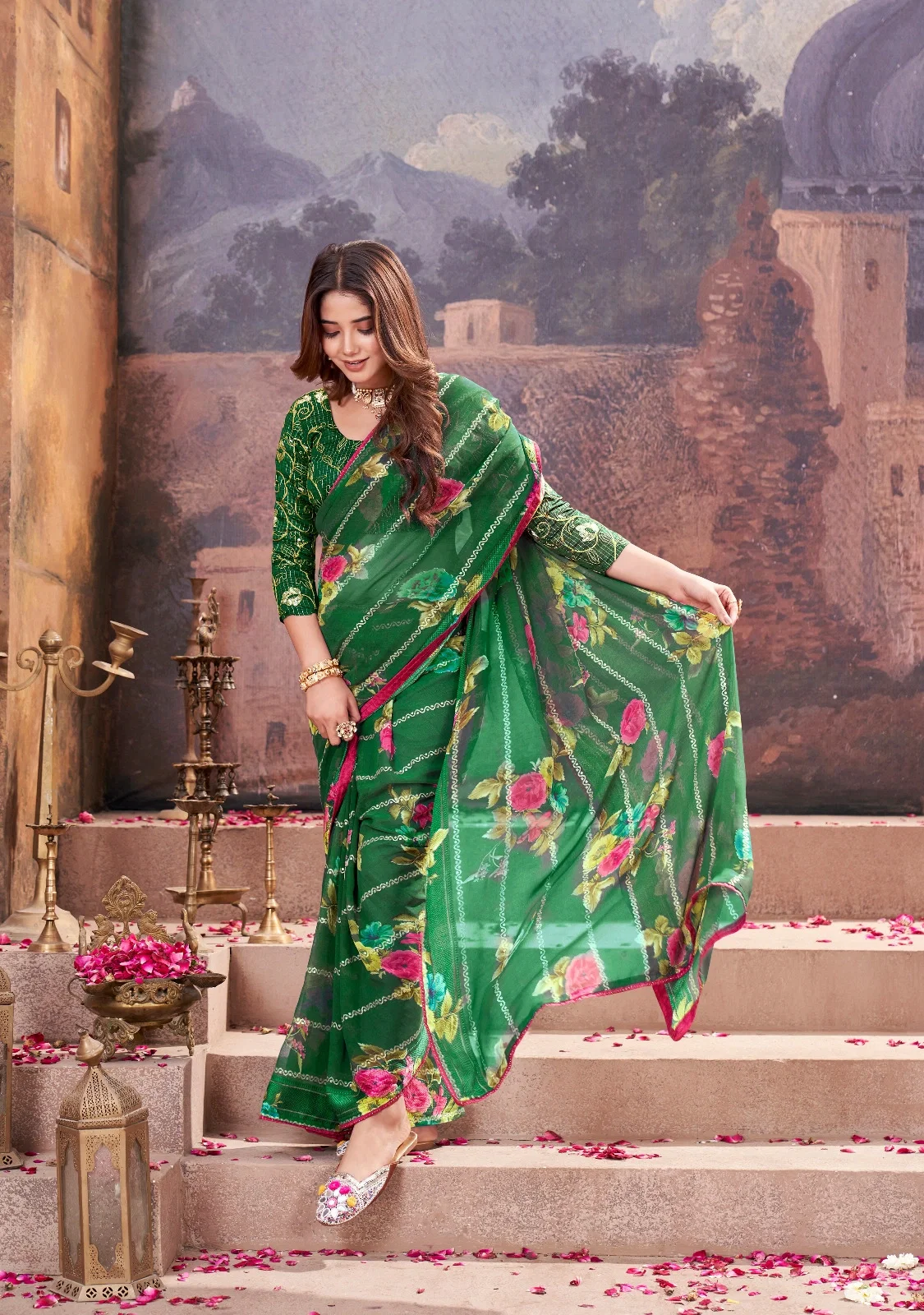 Stavan Naaya Flower Ptint Saree With Embroidery Blouse