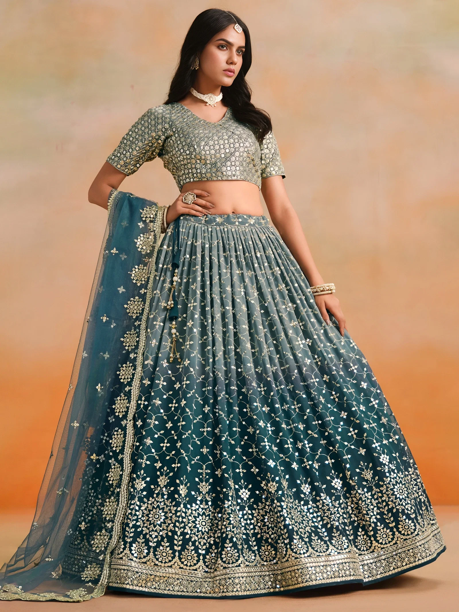 Sau 7086 Dove Blue Georgette Lehenga Choli