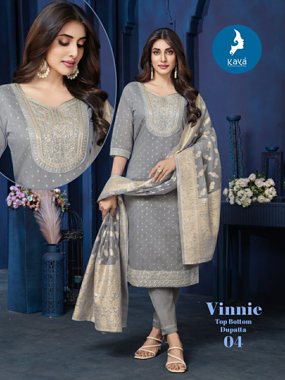 Kaya Vinnie Chanderi Jacquard Straight Kurti Pant And Dupatta Collection