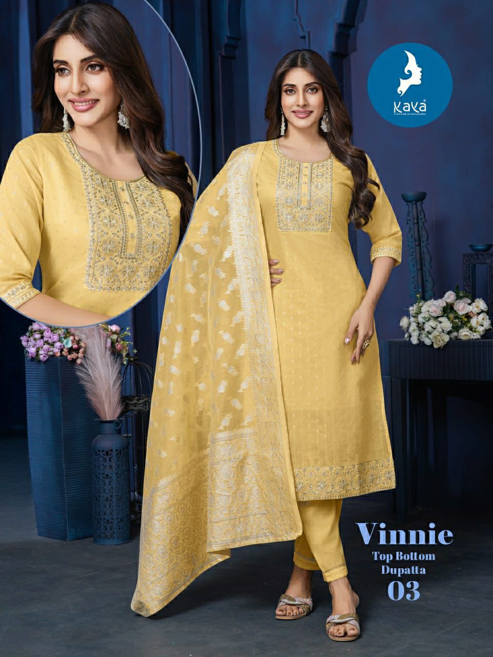 Kaya Vinnie Chanderi Jacquard Straight Kurti Pant And Dupatta Collection
