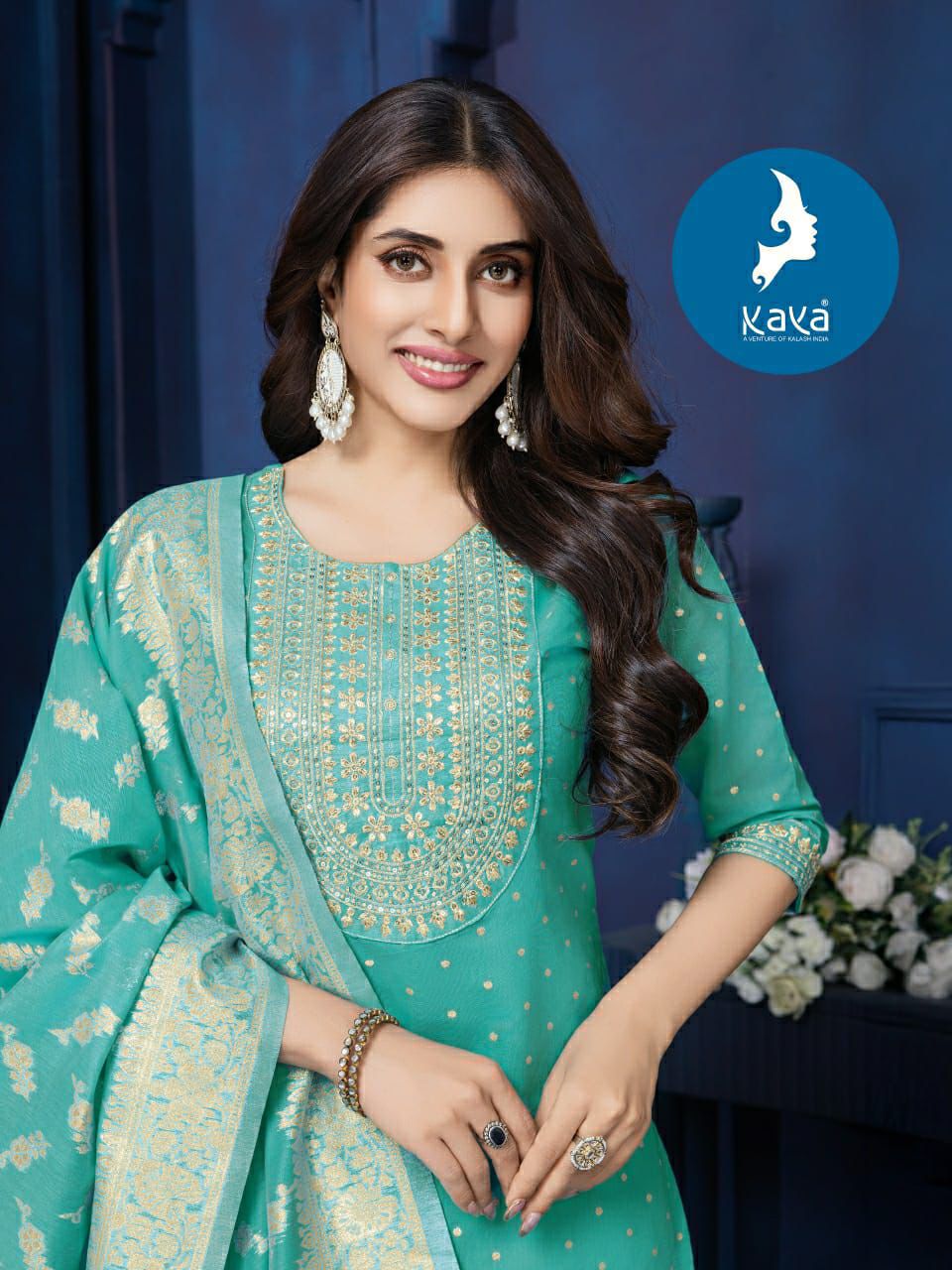 Kaya Vinnie Chanderi Jacquard Straight Kurti Pant And Dupatta Collection