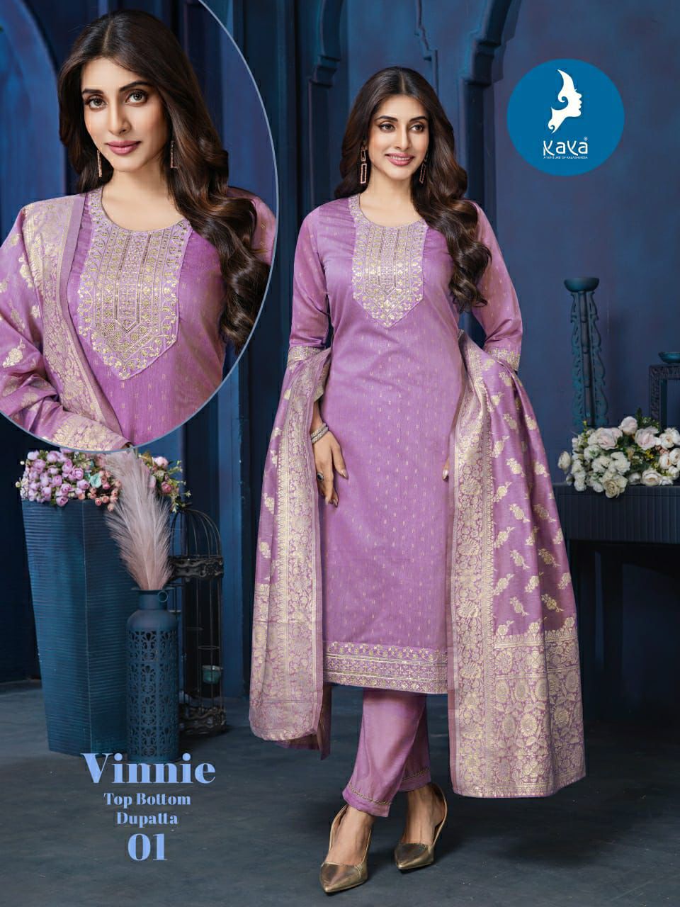 Kaya Vinnie Chanderi Jacquard Straight Kurti Pant And Dupatta Collection