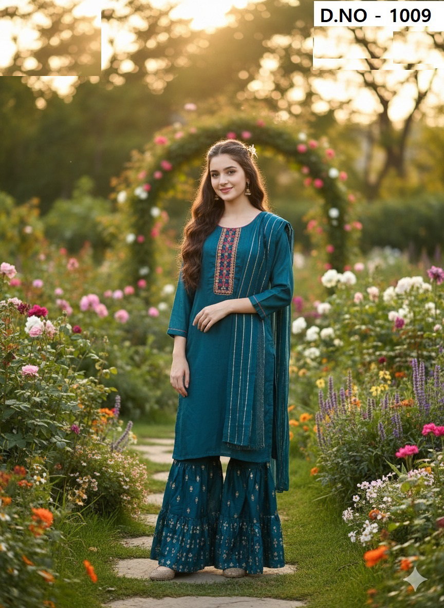 Blue Diamond Sharara Set 1009 Glass Silk Top And Bottom Dupatta