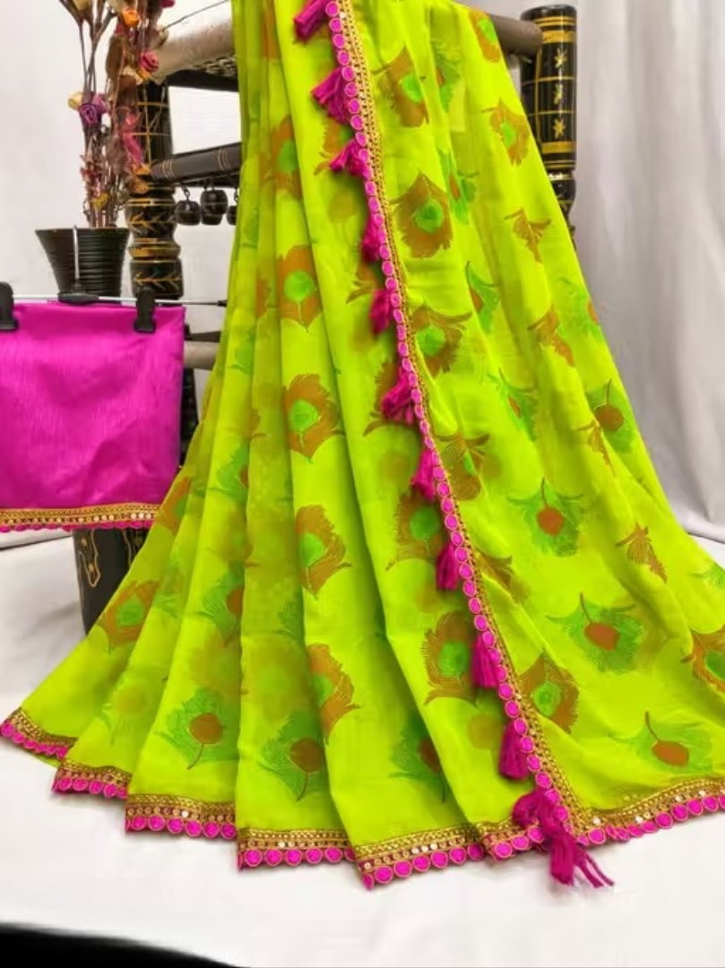 Neon Green Maa 2 Georgette Fancy Saree Collection