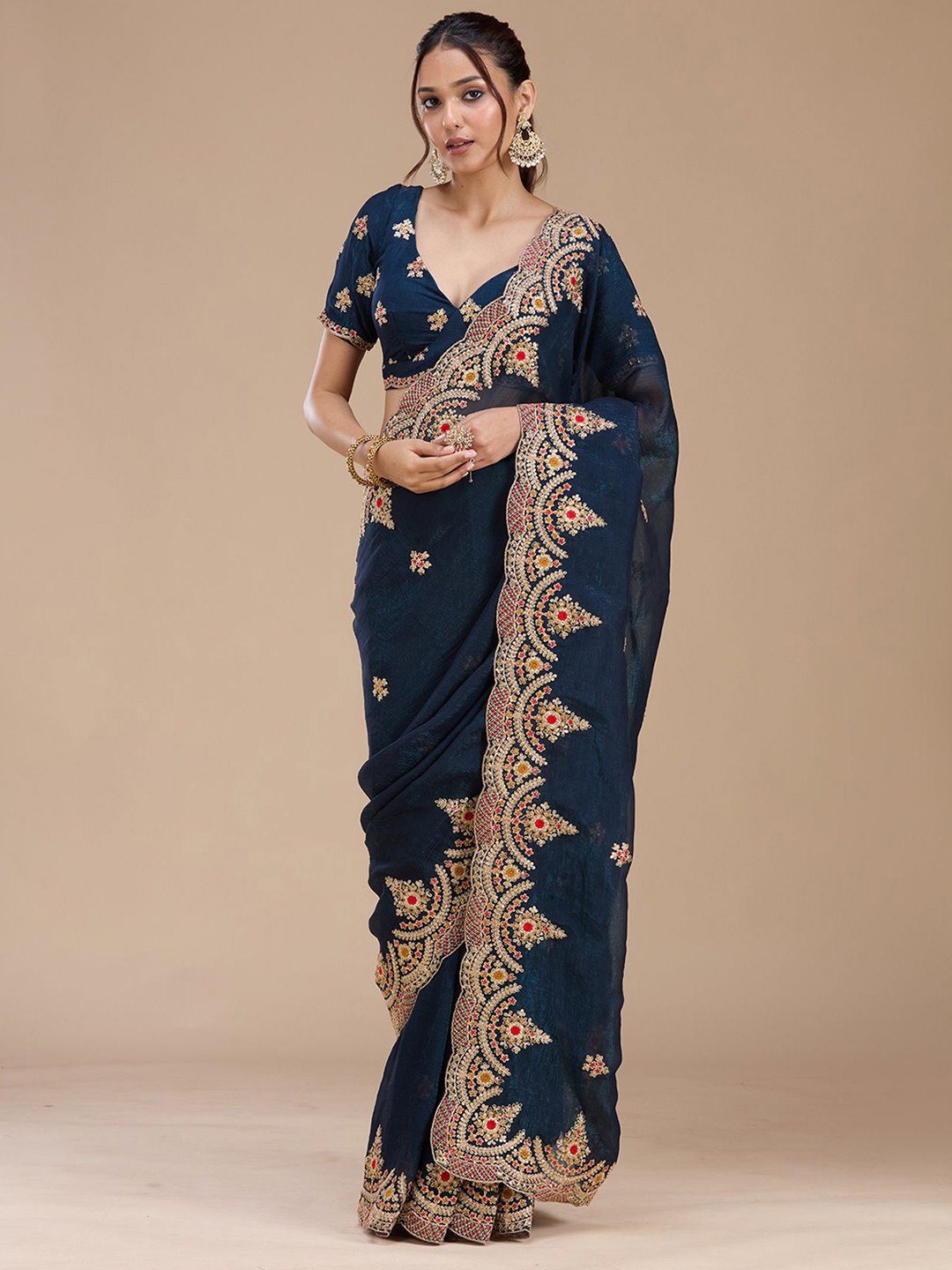 Vt 813 T Fandy Satin Embroidery Thread Worked Designer Saree Collection