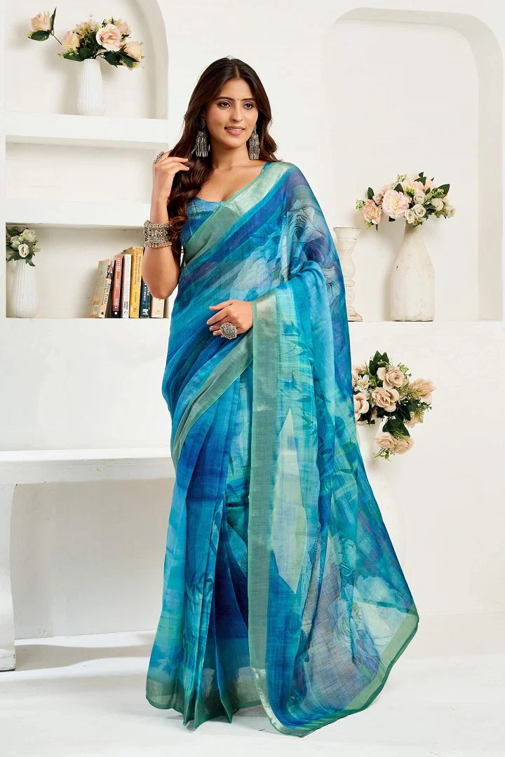 Meera 322 Party Wear Printed Linen Fabric Ready to Wear Saree with Un Stitched Blouse