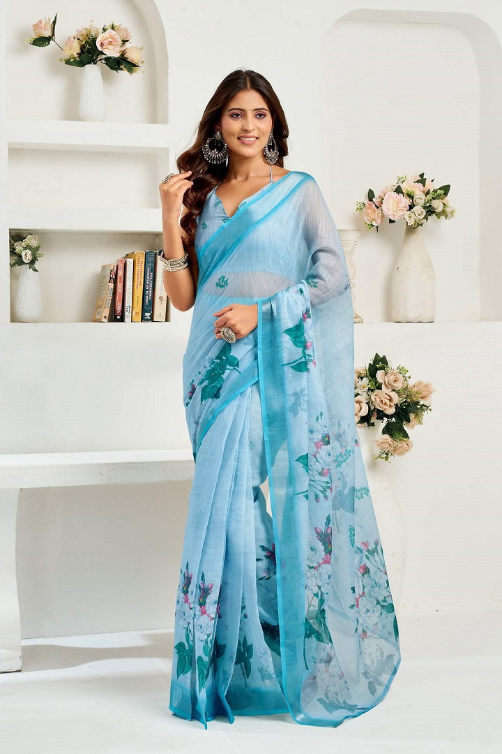 Meera 322 Party Wear Printed Linen Fabric Ready to Wear Saree with Un Stitched Blouse