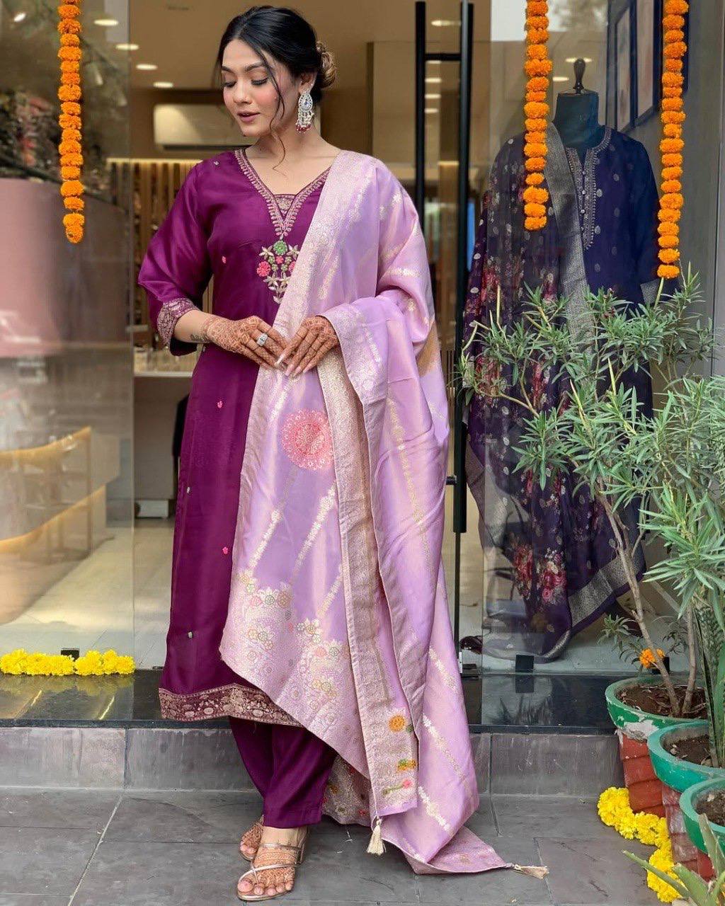 Alina Vol 1 Chanderi With Embroidery Kurti Pant And Dupatta Collection