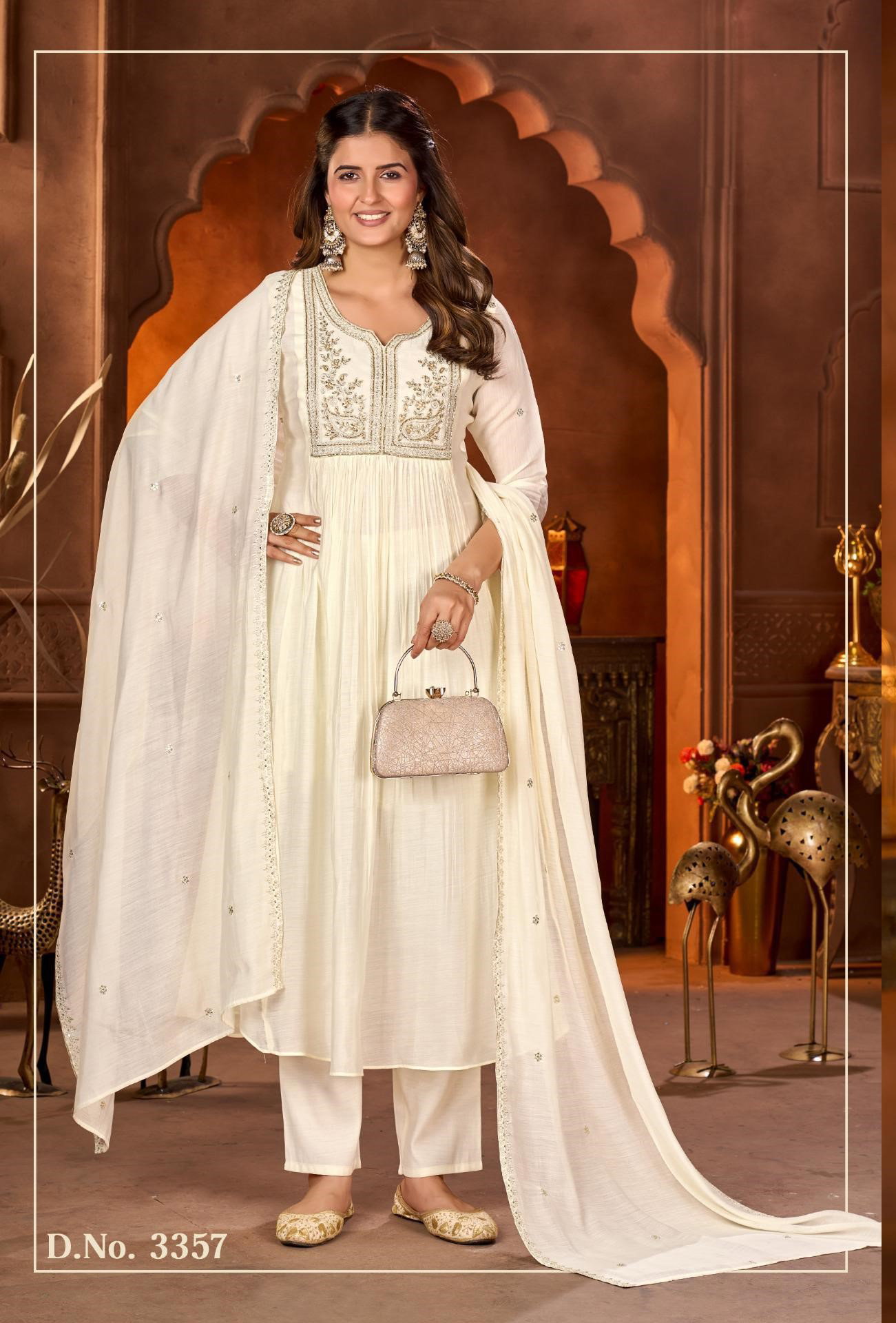 Ladies Flavour 3357 Mul Chanderi Handwork Kurti Pant And Dupatta Collection