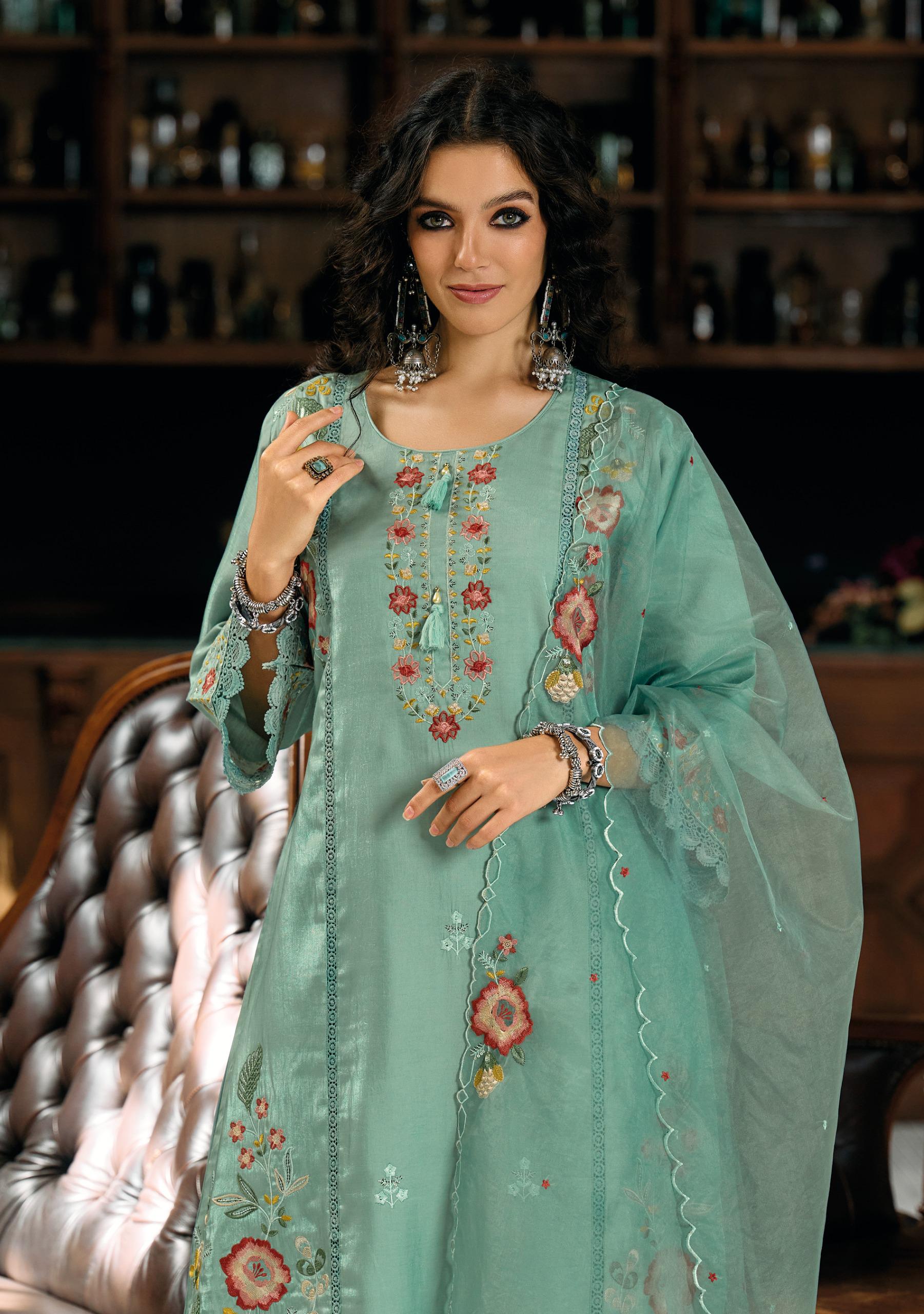 Lady Leela Saaz Viscose Roman Glass Heavy Embroidery Kurti Bottom With Dupatta