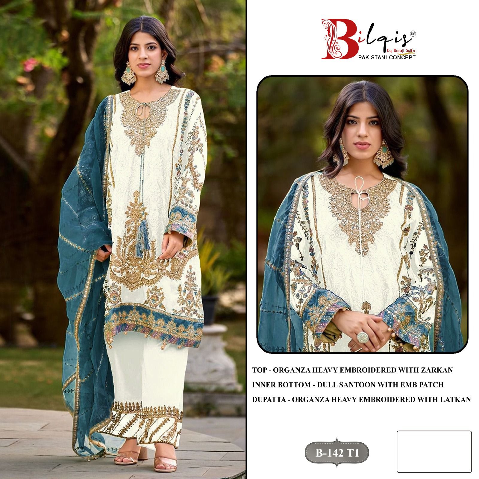 Bilqis B 142 Q1 To T1 Organza Embroidery Work Pakistani Salwar Kameez
