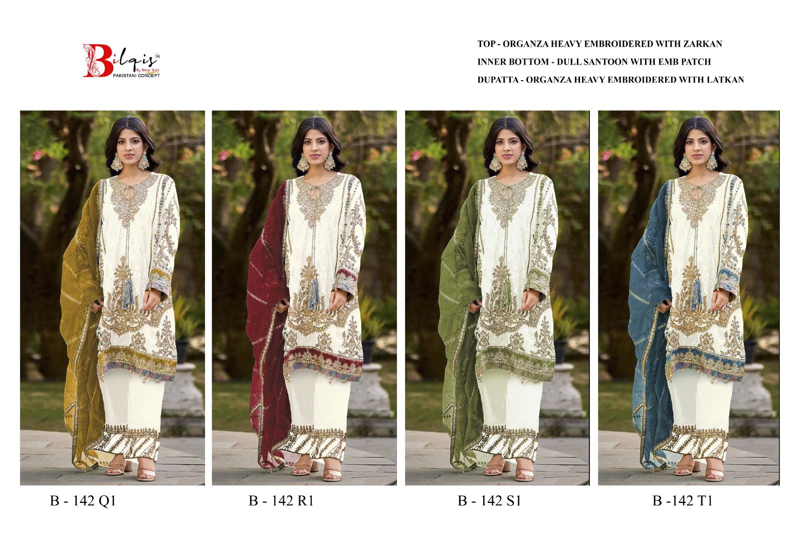 Bilqis B 142 Q1 To T1 Organza Embroidery Work Pakistani Salwar Kameez