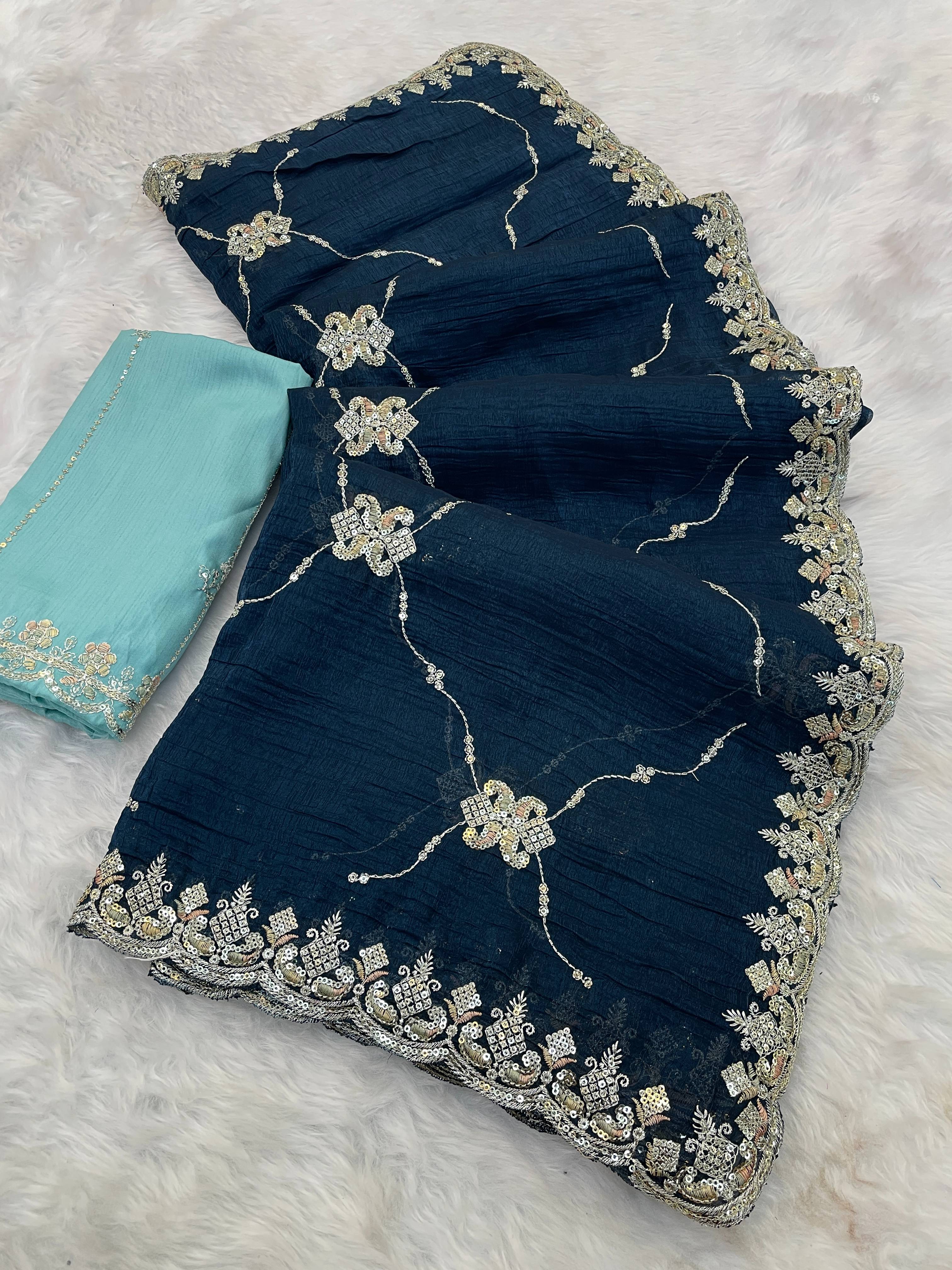 Vragi 6329 Soft Crushed Chiffon Embroidery Beautiful Saree Collection