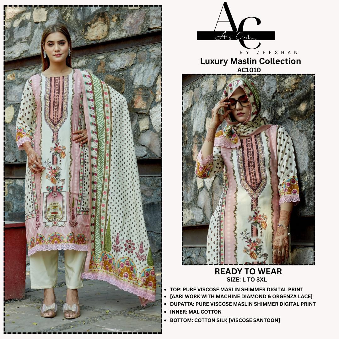 Aenz Creation Ac1010 Pure Viscose Shimmer Maslin Digital Print Collection 