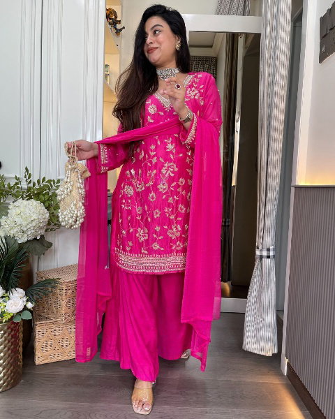Satishika 01 Chinon Embroidery Work Kurti Pant And Dupatta Collection
