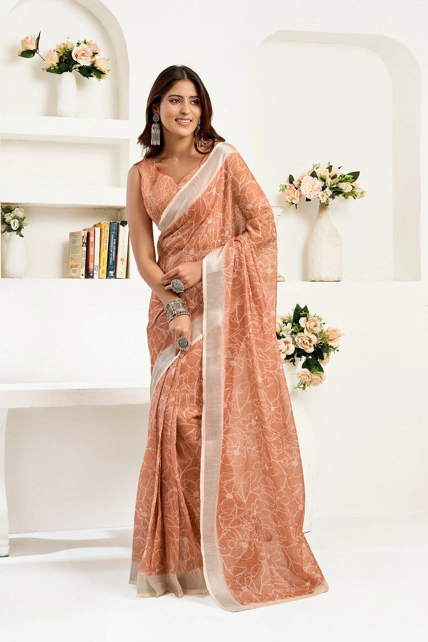 Meera 324 Party Wear Printed Linen Fabric Ready to Wear Saree with Un Stitched Blouse