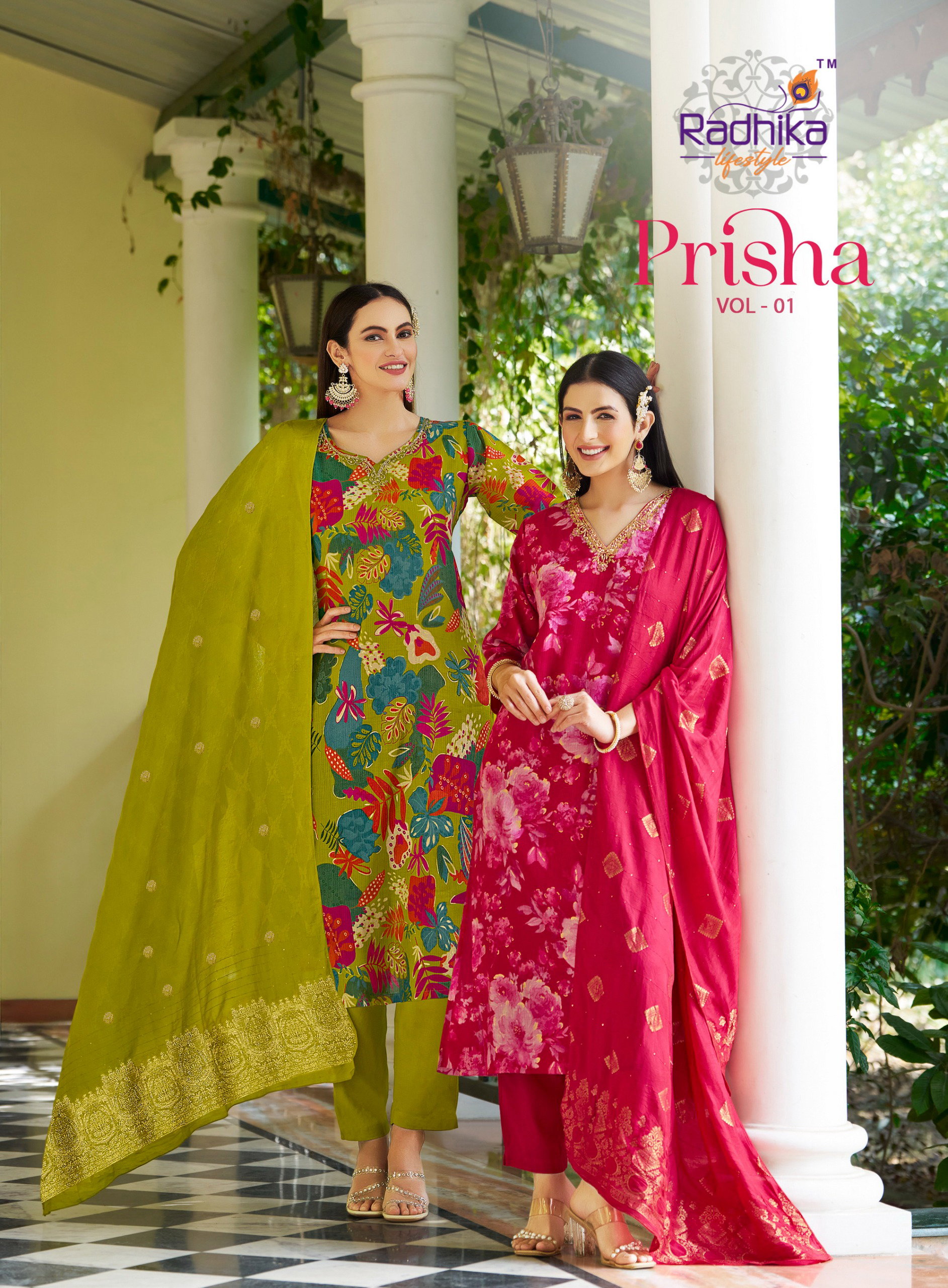 Radhika Prisha Vol 1 Milano Print With Handwork Kurti Pant And Dupatta