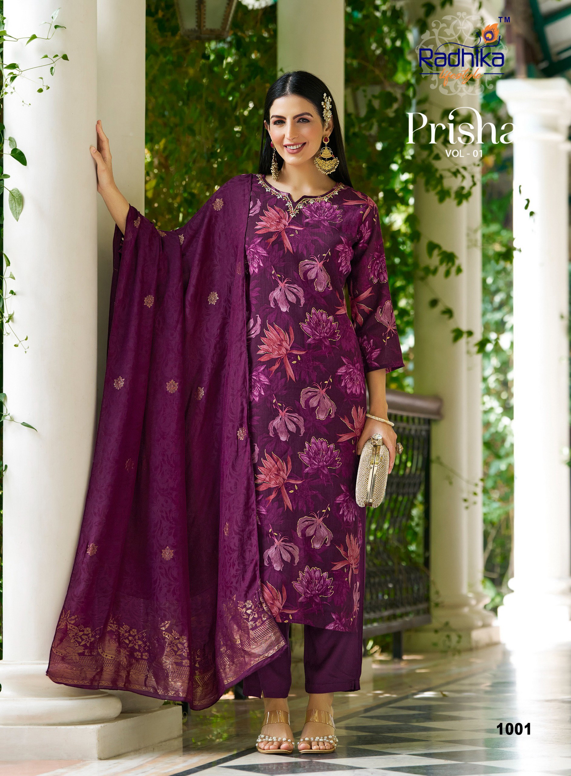 Radhika Prisha Vol 1 Milano Print With Handwork Kurti Pant And Dupatta