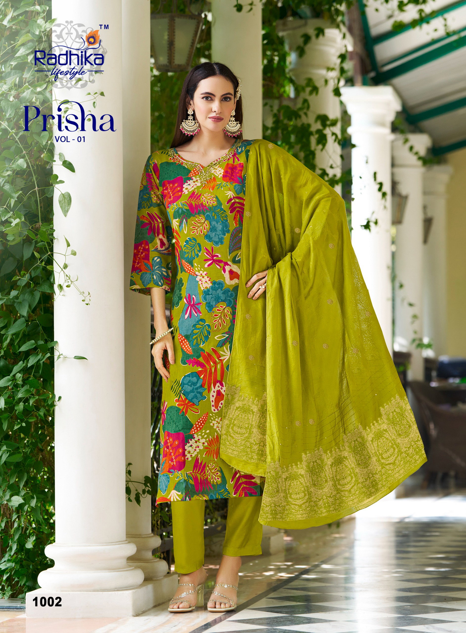 Radhika Prisha Vol 1 Milano Print With Handwork Kurti Pant And Dupatta