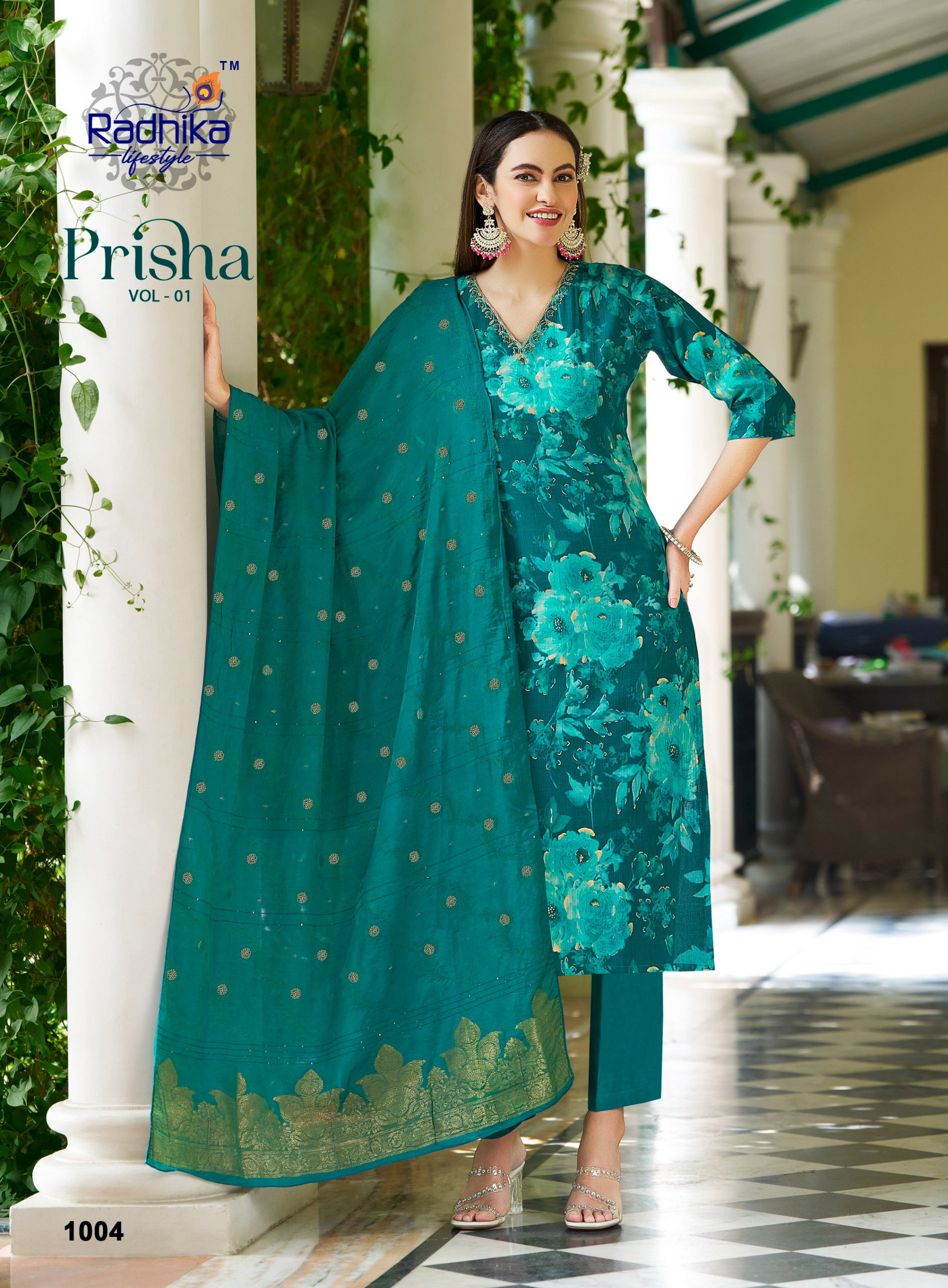 Radhika Prisha Vol 1 Milano Print With Handwork Kurti Pant And Dupatta