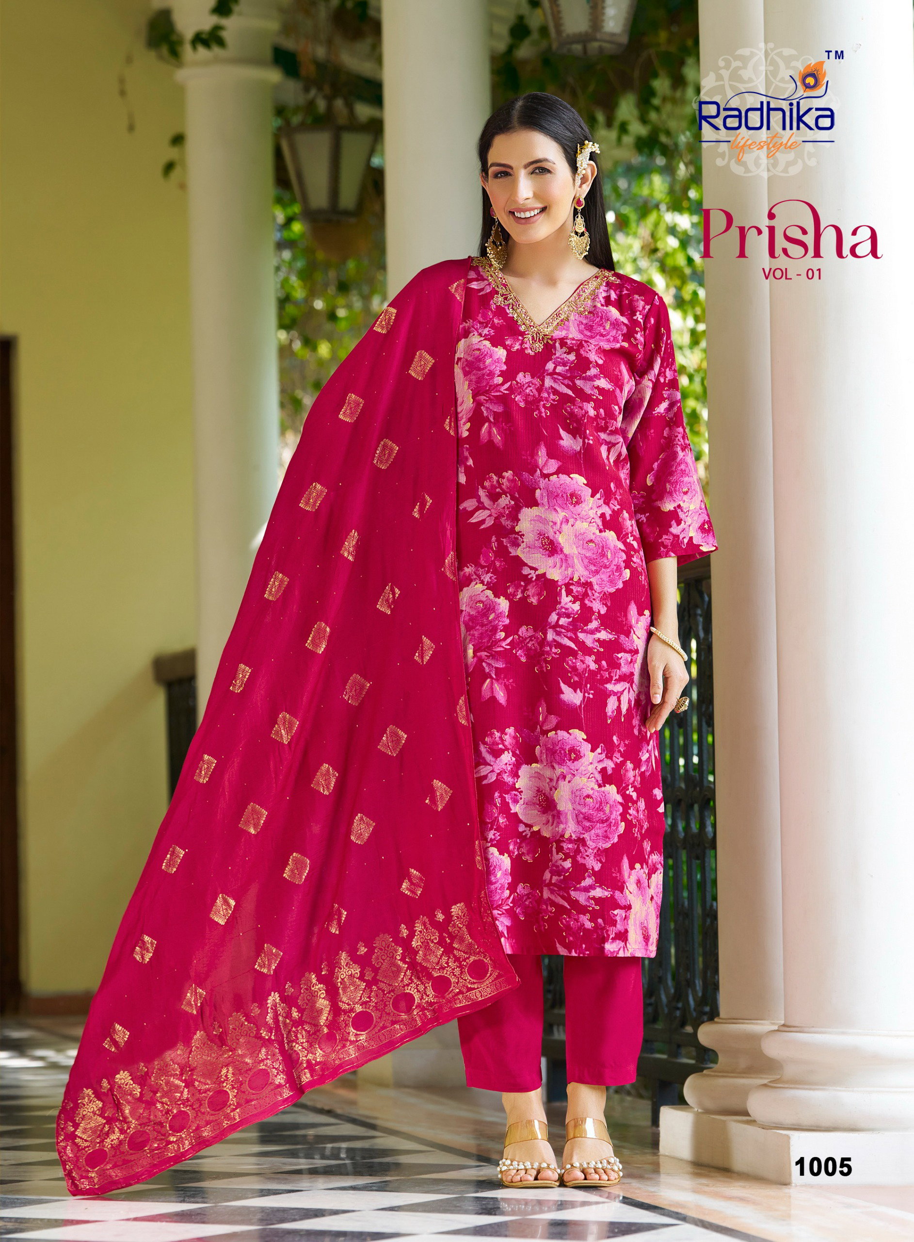Radhika Prisha Vol 1 Milano Print With Handwork Kurti Pant And Dupatta