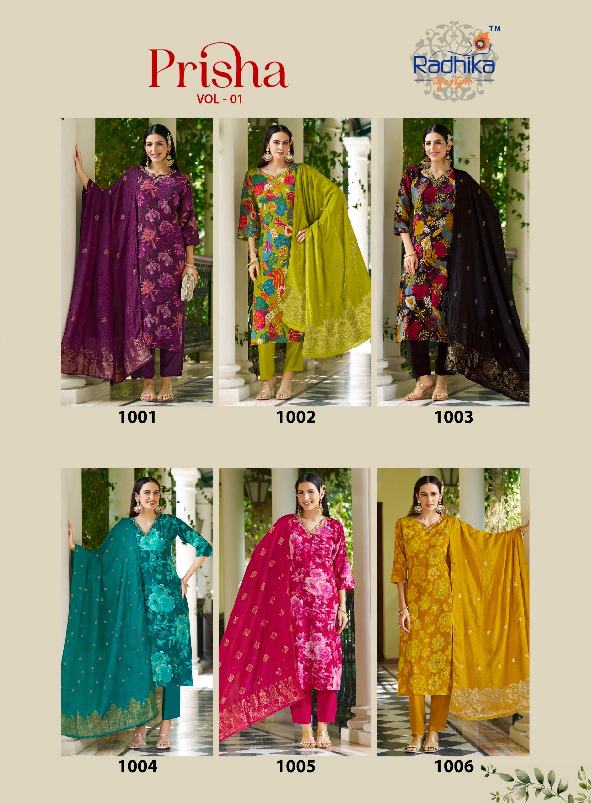 Radhika Prisha Vol 1 Milano Print With Handwork Kurti Pant And Dupatta