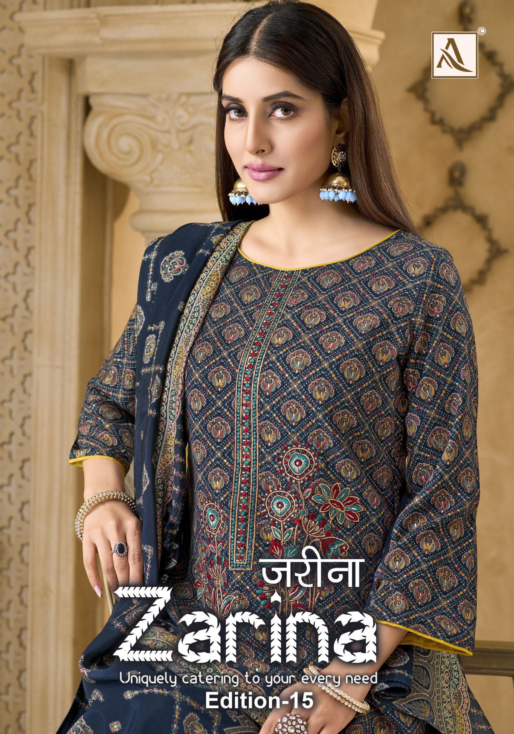 Alok Zarina Edition 15 Viscose Discharge Print Embroidery Work Dress Material