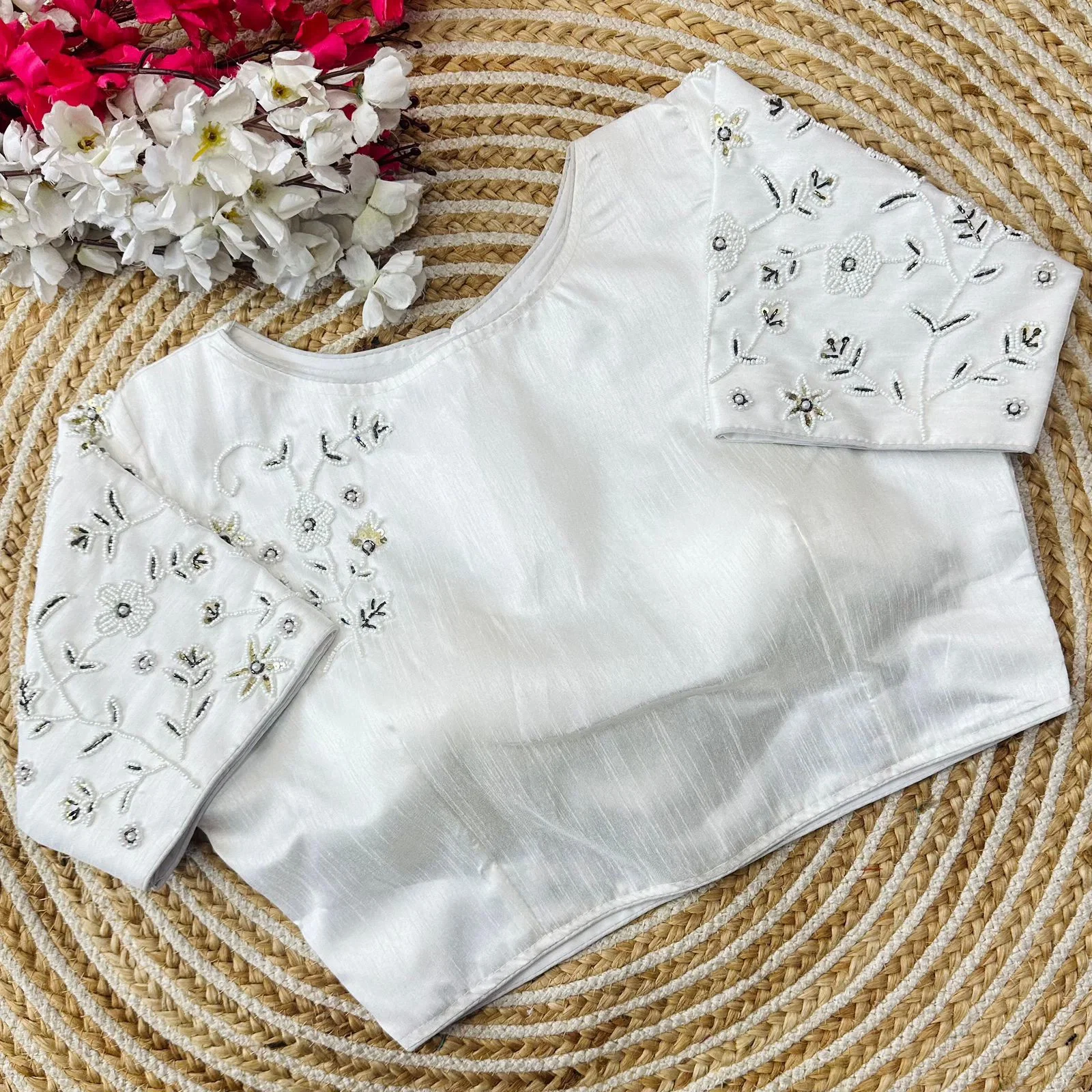 Ruh White Jilmil Silk Handcrafted Work In Sleeve Blouse