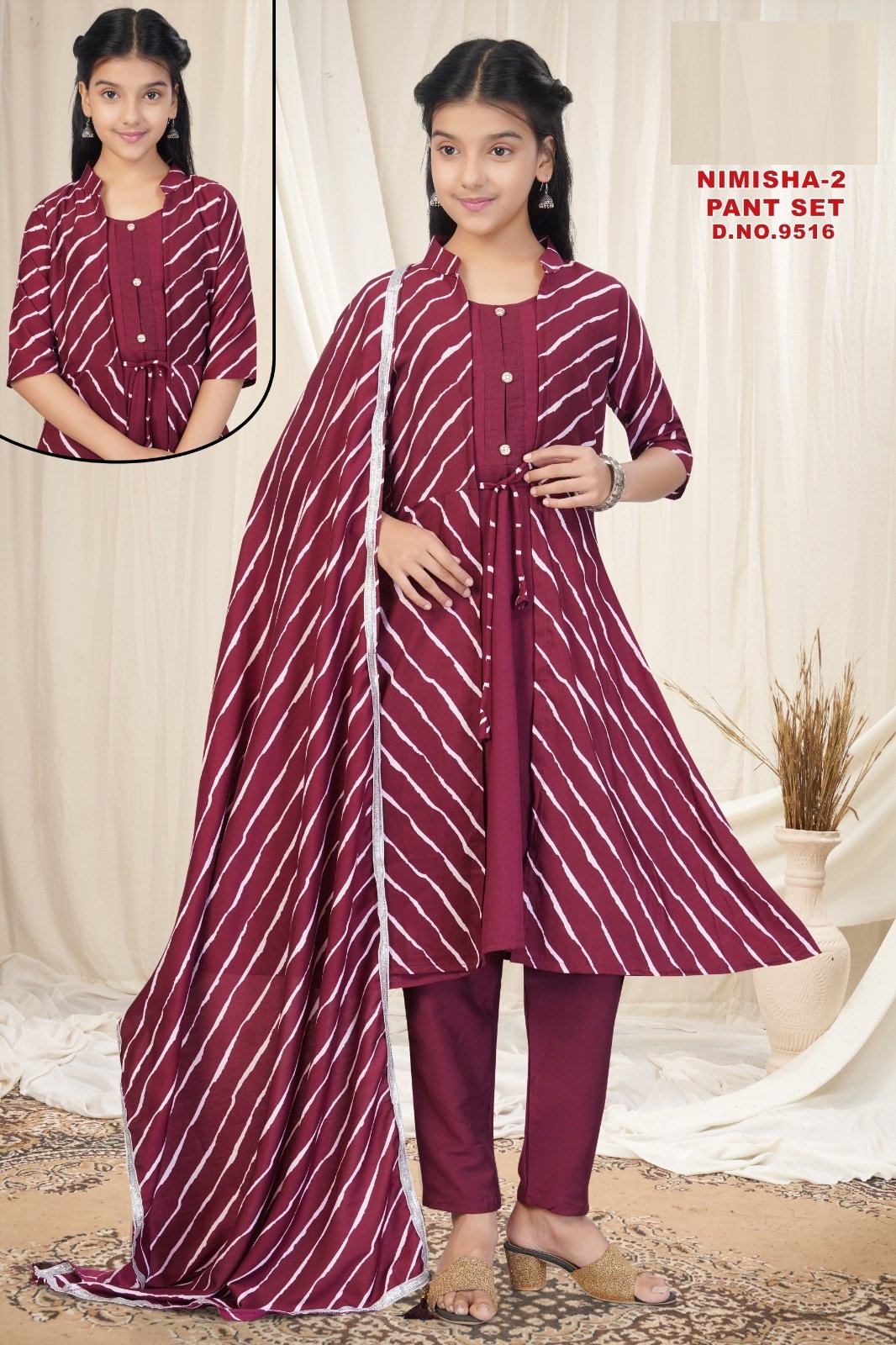 Nimisha Vol 2 Pant Set Roman Slub Silk Kids Kurti And Bottom Dupatta Collection