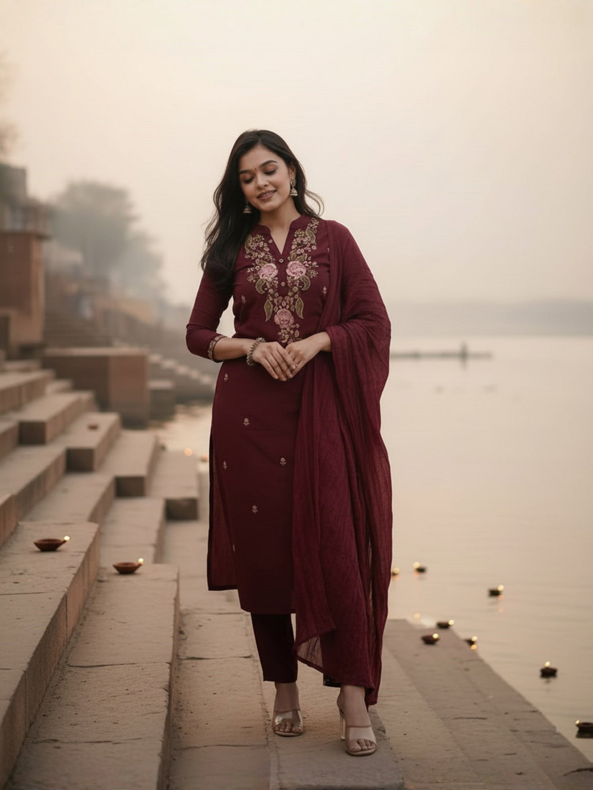 Navya Kurti 191 Party Wear Embroidery Worked Cotton Silk Kurti with Pant and Dupatta Set