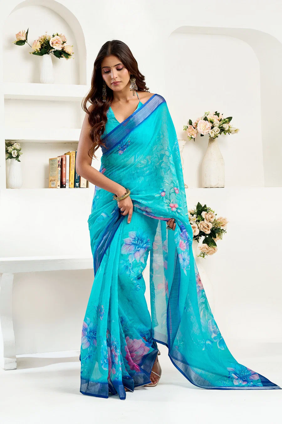 Meera 325 Party Wear Printed Linen Fabric Ready to Wear Saree with Un Stitched Blouse