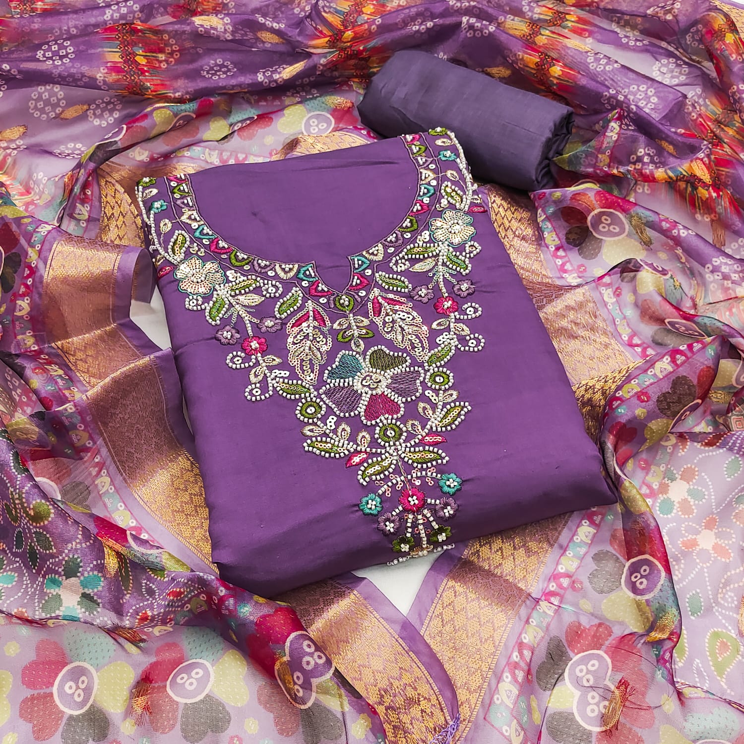 Designer Kasturi Roman Silk Moti Squance Beat Work Dress Material Collection
