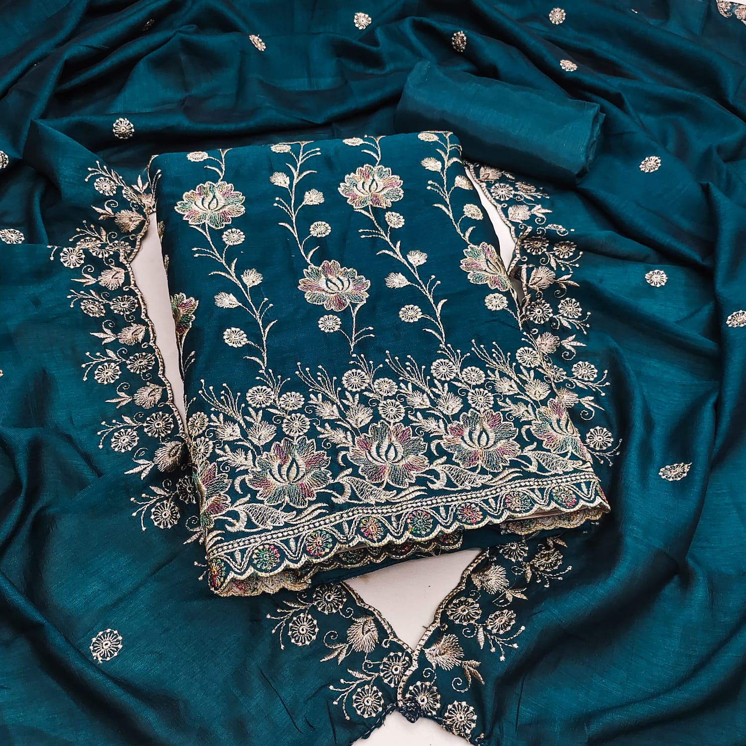 Designer Cham Cham Vichitra Silk Multi Work Dress material Collection
