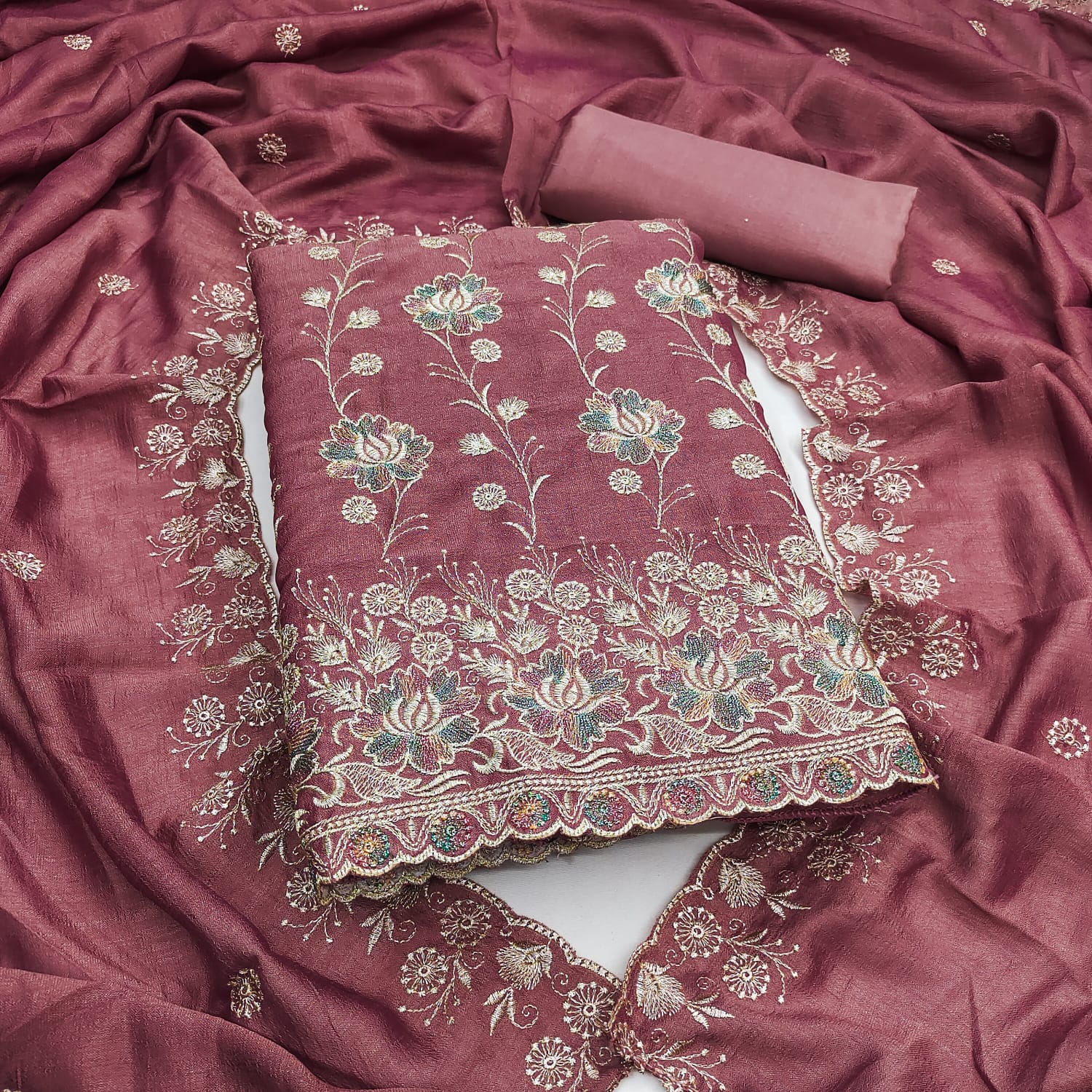 Designer Cham Cham Vichitra Silk Multi Work Dress material Collection