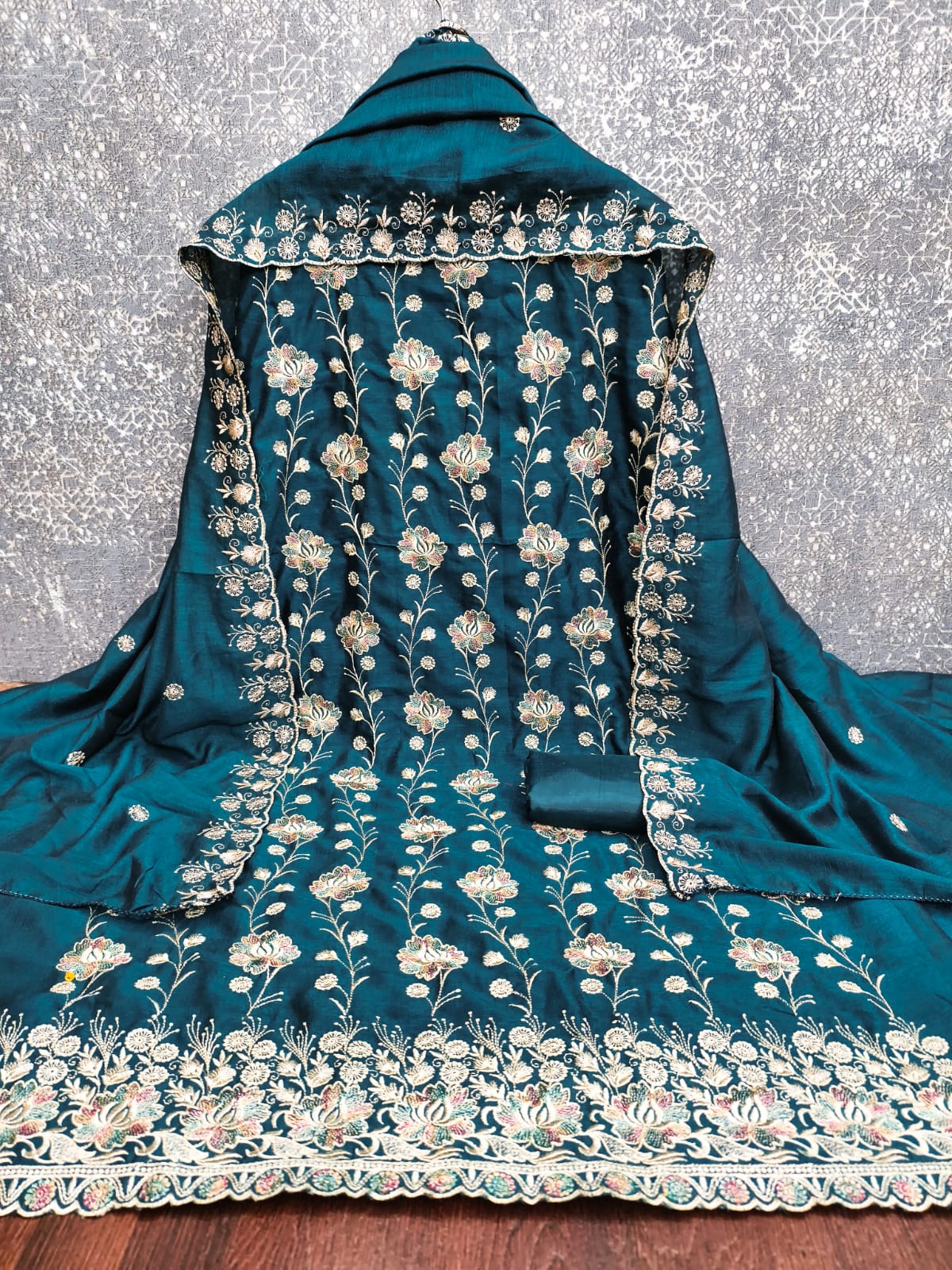Designer Cham Cham Vichitra Silk Multi Work Dress material Collection