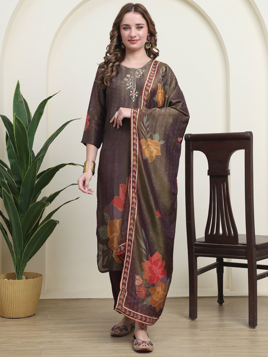 Hr 1232 Polyester Shimmer Printed Kurti Bottom And Dupatta Collection
