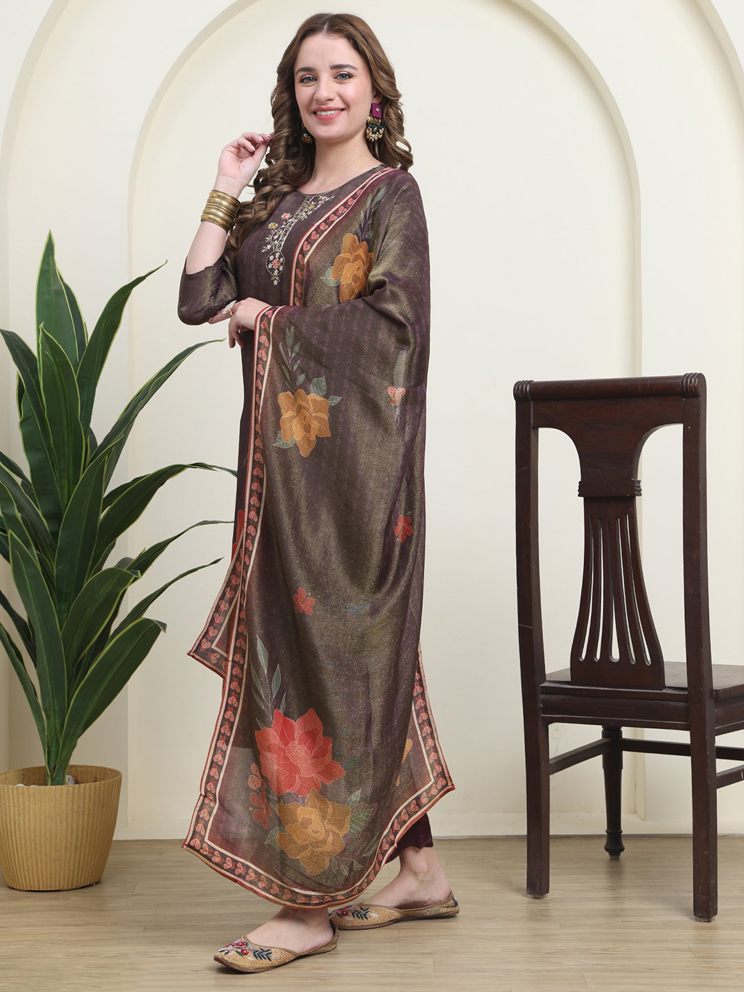 Hr 1232 Polyester Shimmer Printed Kurti Bottom And Dupatta Collection